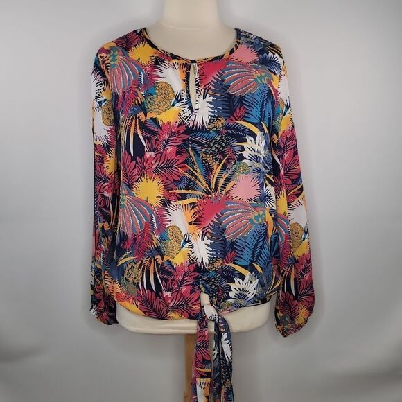 Ashley Stewart Tropical Tie Front‎ Keyhole Top - Picture 1 of 14